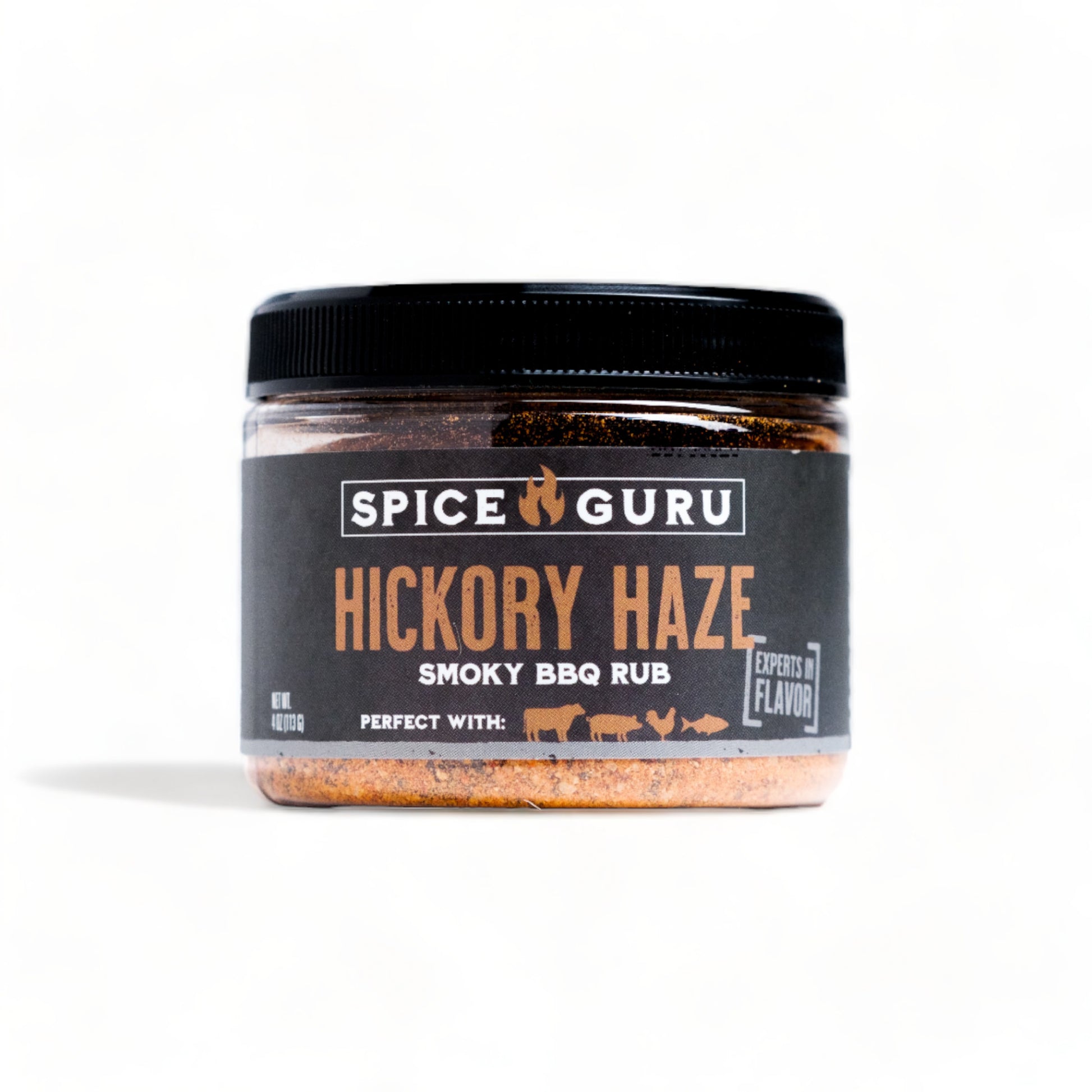 A 4oz container of Spice Guru Hickory Haze: Smoky BBQ Rub. The product name is orange on a black background.