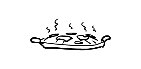 Icon: a two-handled pan containing perfectly cooked meat, with heat waves rising from it.